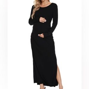 Motherhood SMALLSHOW | Blue Long-Sleeve Side-Split Maxi Maternity Dress XL
